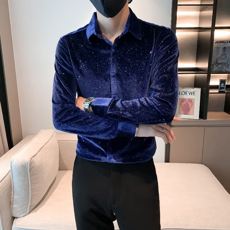 New Luxury Sequined Velvet Shirt Men Fashion Slim Fit Long Sleeve Casual Dress Shirt Social PartyTuxedo Blouse Camisas Para Hombre