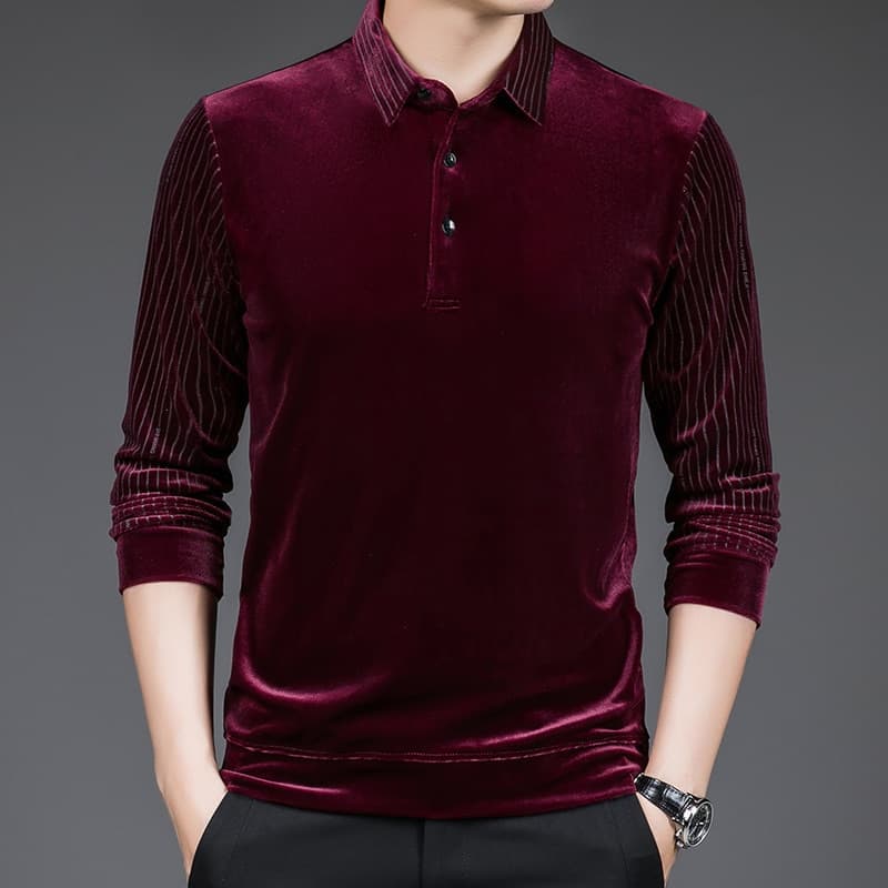 New High Quality Golden Velvet Luxury Polo Shirt Men Spring Long Sleeve Tee Shirt Homme Casual Slim Fit Camisa Polos T1129