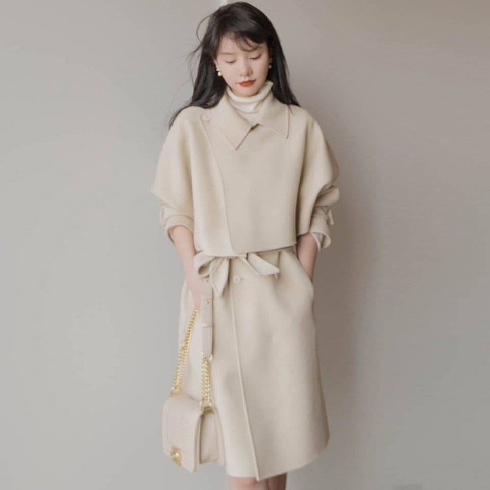 New Autumn Winter Matching Sets Turn Down Collar Jacket Crop Woolen Blends V Neck Double Breasted Tank Dress Bandage Vest Fashion