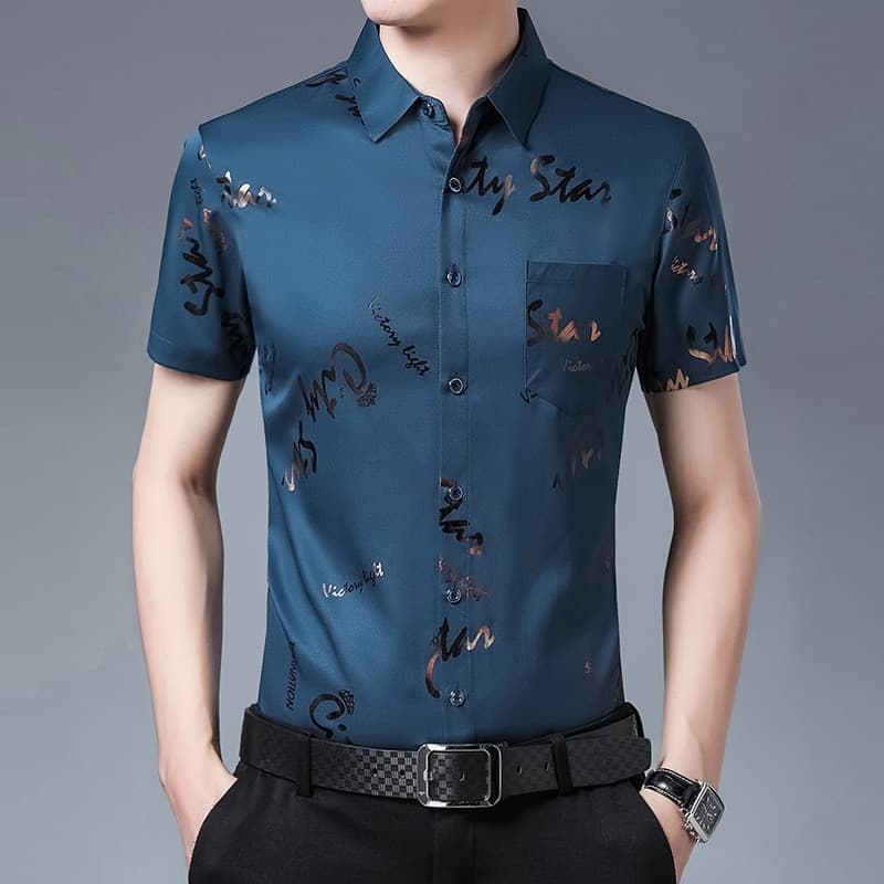 New Men Shirt High Quality Silk Print Summer Short sleeve Casual Shirts Men Slim Fit Camisa Masculina C749