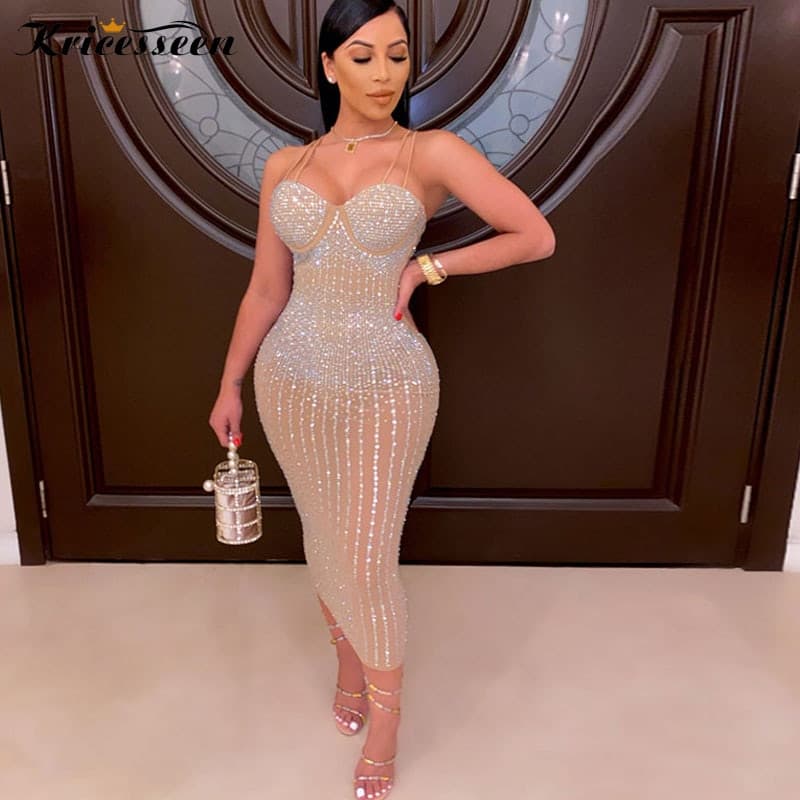 Sequin Glitter Crystal Midi Dress Vestido Women Sleeveless Strap Bodycon See Through Party Club Dresses
