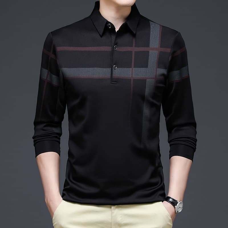 New Fashion Black Men Polo Shirt Long Sleeve Striped Autumn Business T shirt Streetwear Polo Shirt Man Korean Clothing