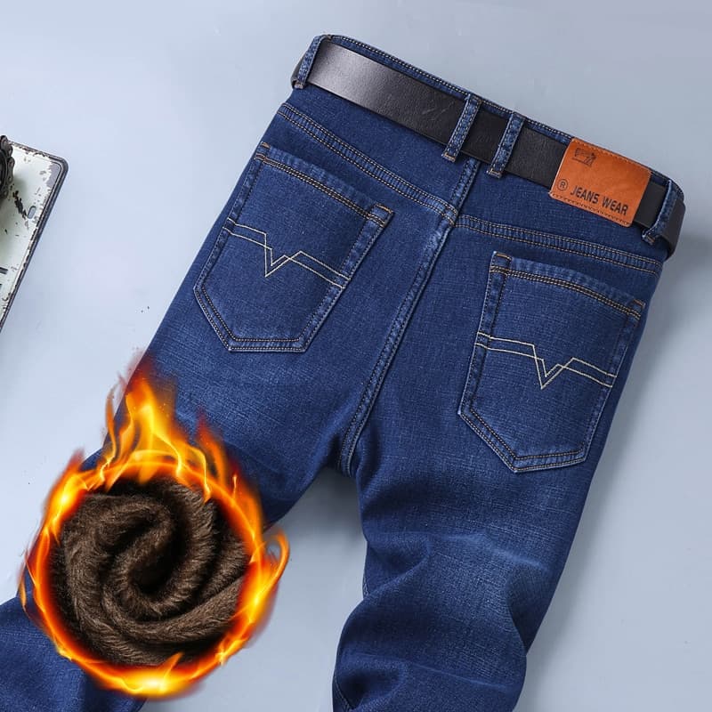 New Men Classic Regular Fit Fleece Jeans Business Fashion Loose Casual Stretch Pants Male Brand Plus Velvet Padded Warm Trousers