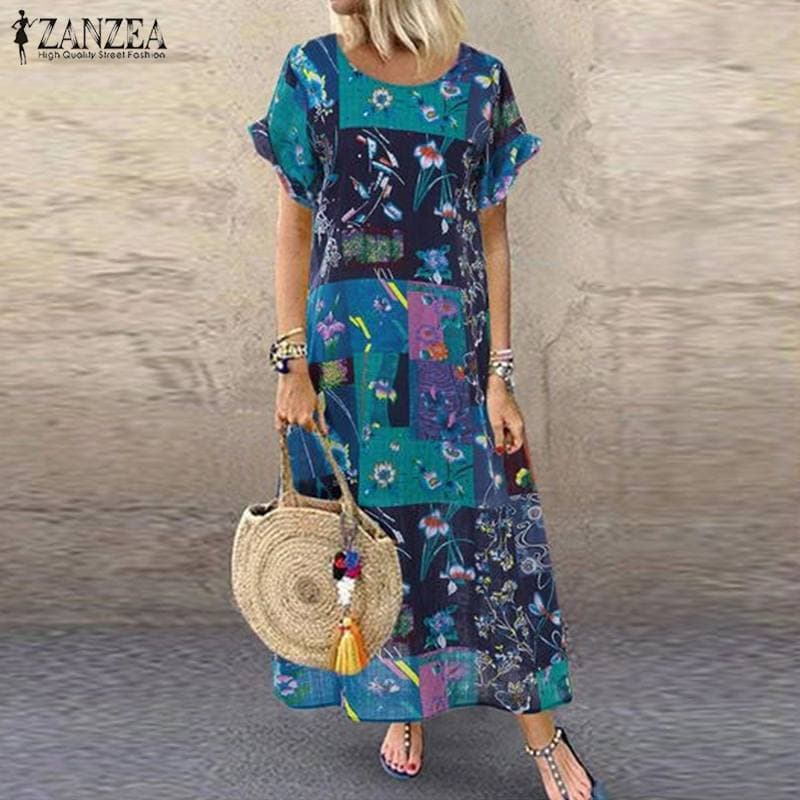 Summer Bohemian Sundress Women Party Long Dress Casual Vintage Short Sleeve Floral Printed Vestido Female Robe