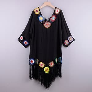 New White Bikini Cover Up With Fringe Trim Women Sexy Hollow Tunic Beach Dress Summer Bathing Suit Beachwear