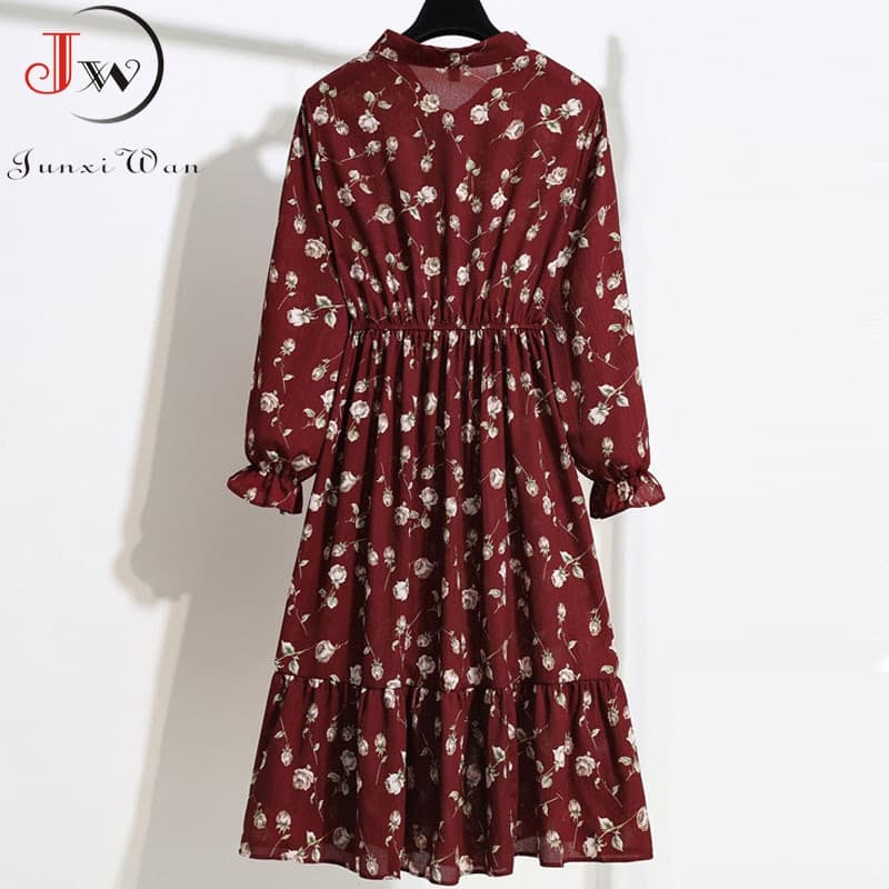 New Women Casual Long Sleeve Chiffon Dress Spring Autumn Elegant Vintage Floral Printed Shirt Dress Bow Midi Summer Dress Vestidos