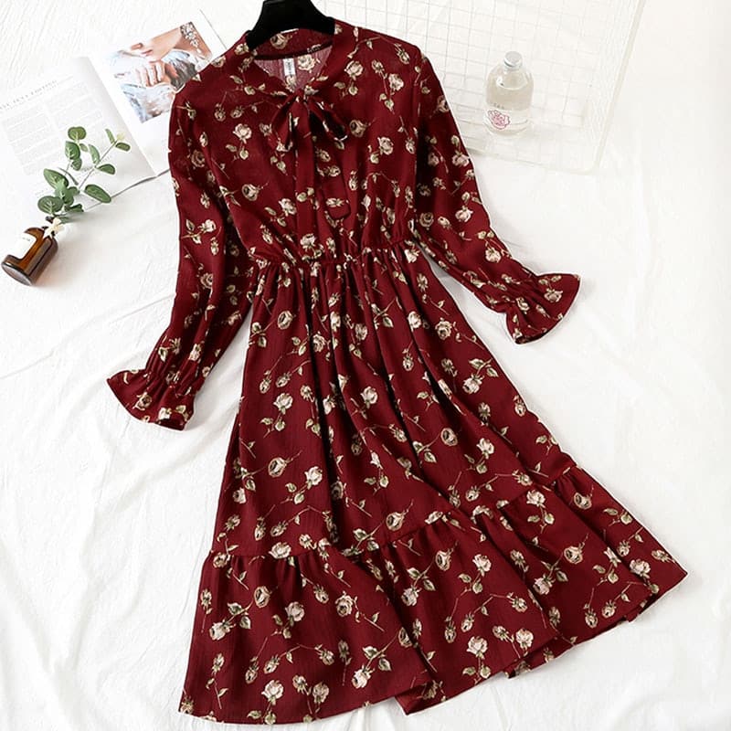 New Women Casual Long Sleeve Chiffon Dress Spring Autumn Elegant Vintage Floral Printed Shirt Dress Bow Midi Summer Dress Vestidos