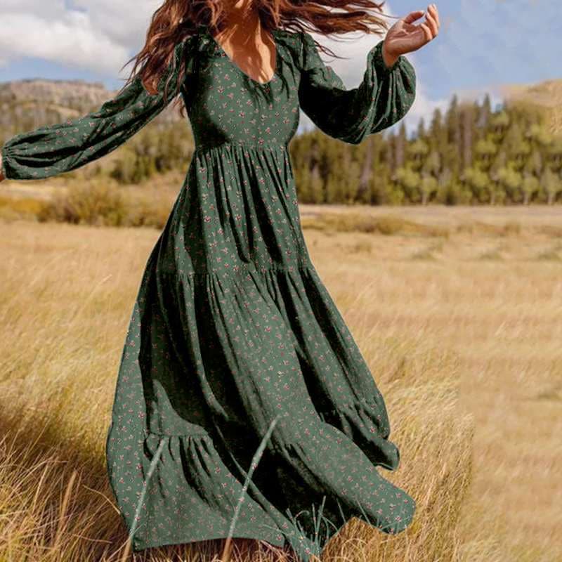 New Women Autumn Sundress Fashion Ruffle Maxi Dress Floral Print Robe Casual Puff Sleeve Tunic Vestidos