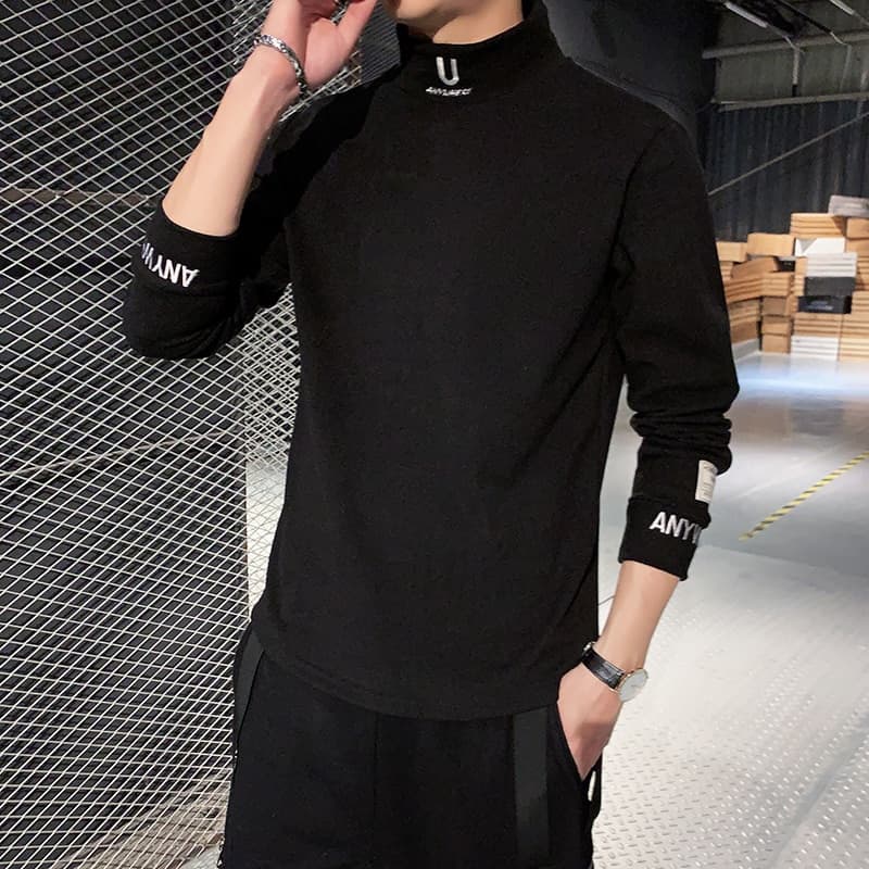 New Cashmere T Shirts Men Long Sleeve Embroidery Letter T Shirt Homme Turtleneck Streetwear Casual T shirts Male Fashion Tee