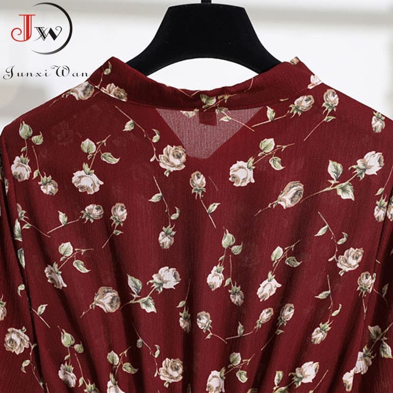 New Women Casual Long Sleeve Chiffon Dress Spring Autumn Elegant Vintage Floral Printed Shirt Dress Bow Midi Summer Dress Vestidos