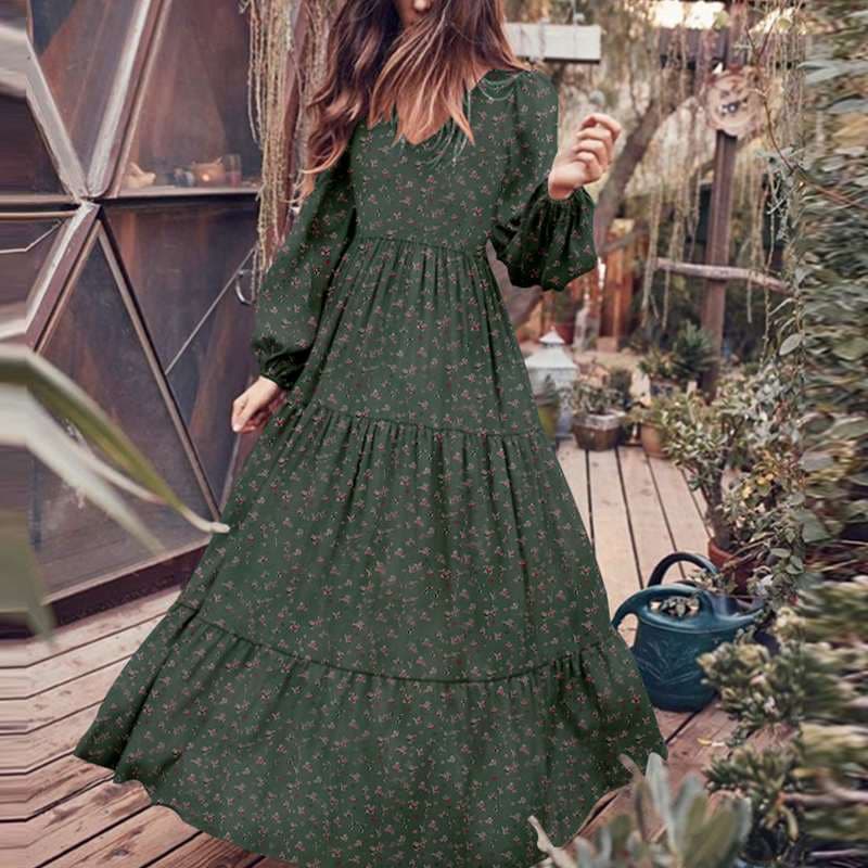 New Women Autumn Sundress Fashion Ruffle Maxi Dress Floral Print Robe Casual Puff Sleeve Tunic Vestidos