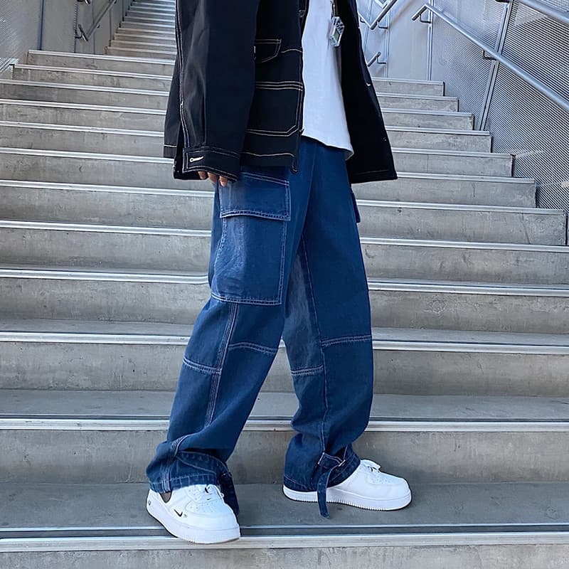 New Men Jeans Wide Leg Denim Cargo jean pants Loose Straight Baggy Men Jeans hip hop Streetwear Skateboard  Neutral denim Trousers