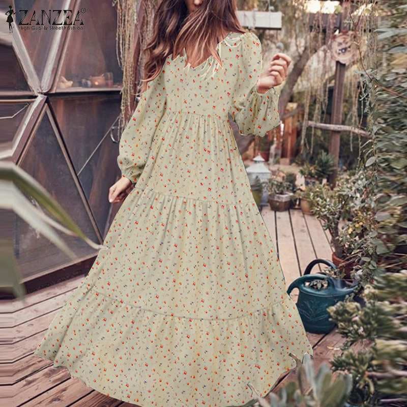 New Women Autumn Sundress Fashion Ruffle Maxi Dress Floral Print Robe Casual Puff Sleeve Tunic Vestidos