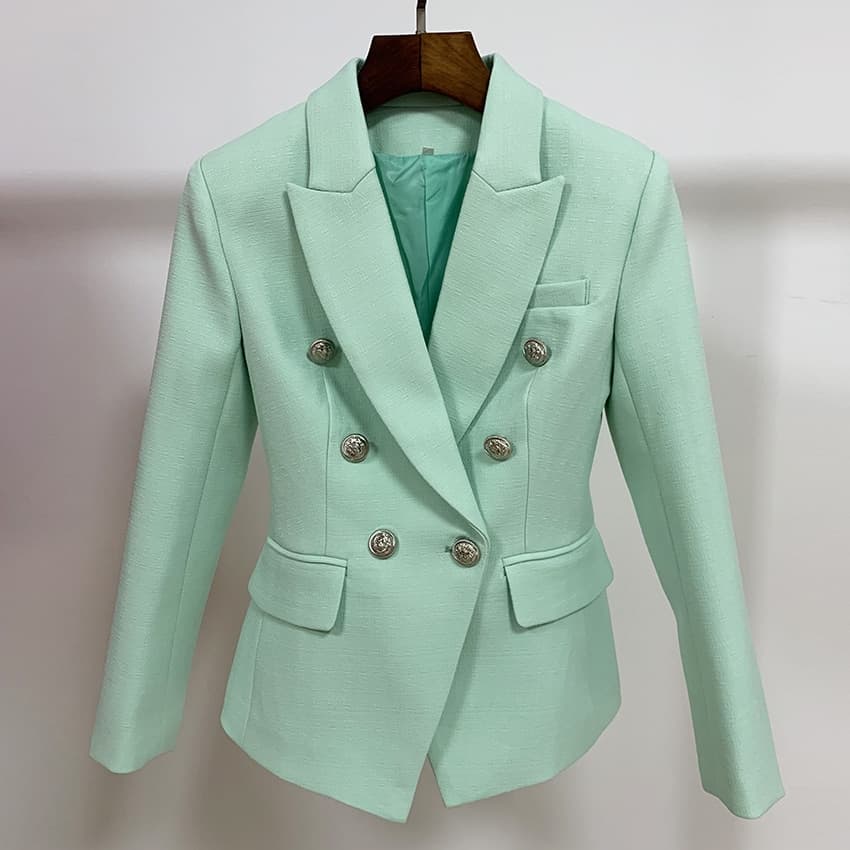New Women Quality Classic Baroque Designer Blazer Jacket Women’s Metal Lion Buttons Double Breasted Textured Blazer Mint Green