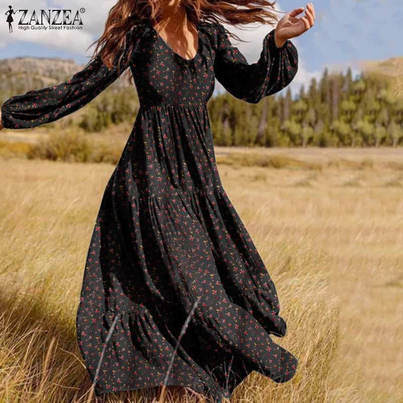New Women Autumn Sundress Fashion Ruffle Maxi Dress Floral Print Robe Casual Puff Sleeve Tunic Vestidos
