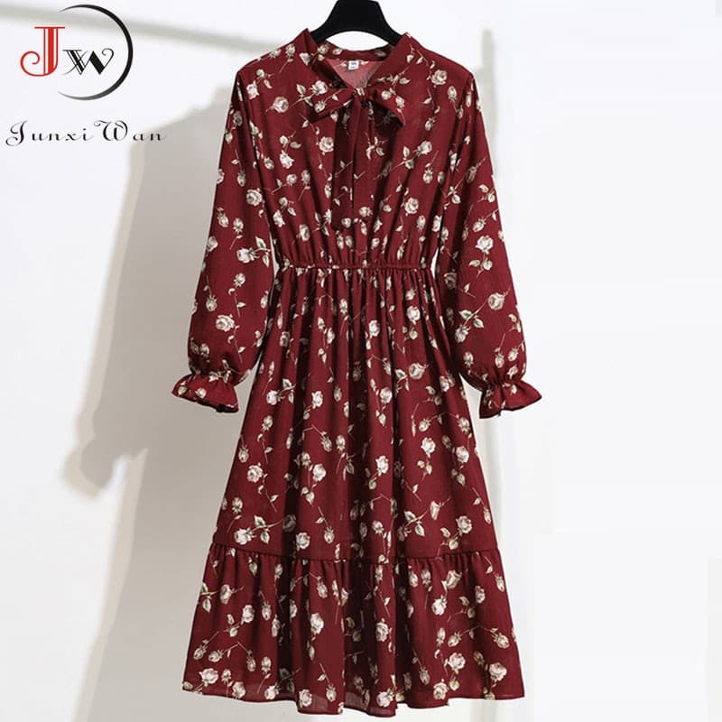 New Women Casual Long Sleeve Chiffon Dress Spring Autumn Elegant Vintage Floral Printed Shirt Dress Bow Midi Summer Dress Vestidos