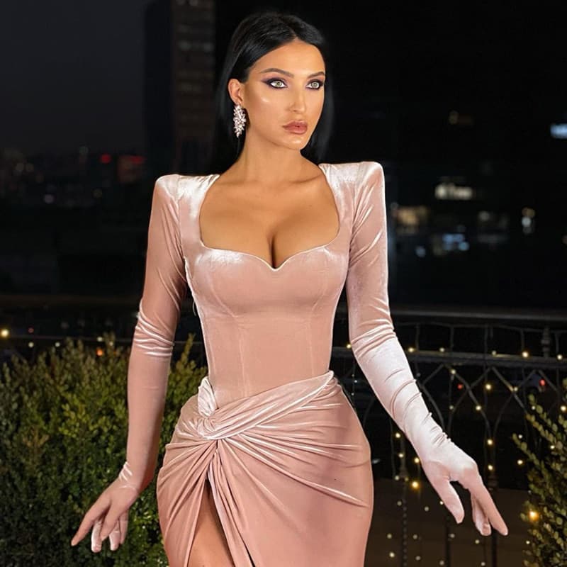 Elegant Gown Long Dress Evening Club Outfits for Women Gloves Sleeve Velvet Slit Maxi Dresses Ruched Dresses