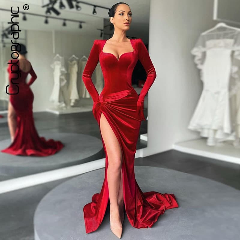 Elegant Gown Long Dress Evening Club Outfits for Women Gloves Sleeve Velvet Slit Maxi Dresses Ruched Dresses