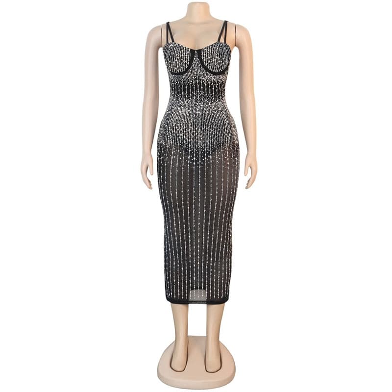 Sequin Glitter Crystal Midi Dress Vestido Women Sleeveless Strap Bodycon See Through Party Club Dresses