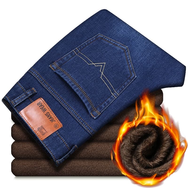 New Men Classic Regular Fit Fleece Jeans Business Fashion Loose Casual Stretch Pants Male Brand Plus Velvet Padded Warm Trousers