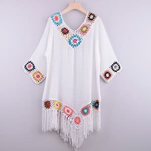 New White Bikini Cover Up With Fringe Trim Women Sexy Hollow Tunic Beach Dress Summer Bathing Suit Beachwear
