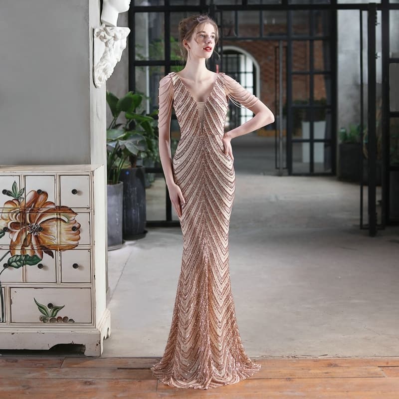 New Women Beading Dress Long Prom Dress Deep V Neck Silver Sequin Evening Dress Party Maxi Dress 18691