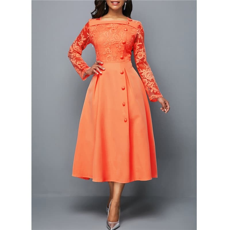 New Women Dress Elegant Long Sleeve Lace Stitching High Waist big hem mid-length Oversized Dresses For Women