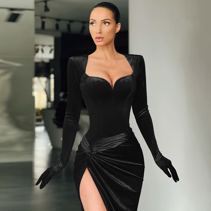 Elegant Gown Long Dress Evening Club Outfits for Women Gloves Sleeve Velvet Slit Maxi Dresses Ruched Dresses