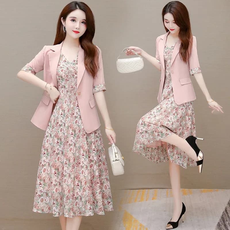 New Summer Casual Floral Dress Suits Women 2 Piece Set Korean Thin Half Sleeve Blazer Jacket Sleeveless Chiffon Tank Dress Outfits