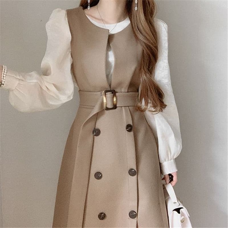 New Korean Chic Office Lady Elegant Tank Dress O-neck Double Breasted Sleeveless Robe Spring New Belt Slim Wasit Vestidos Mujer