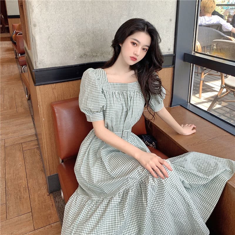 New Women Summer Popular 3XL Dress Plaid Puff Sleeve Square Collar Long Sashes Fashion Women Sundress Elegant Casual