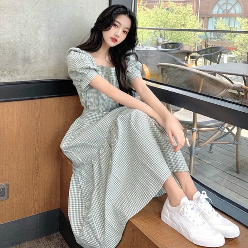 New Women Summer Popular 3XL Dress Plaid Puff Sleeve Square Collar Long Sashes Fashion Women Sundress Elegant Casual