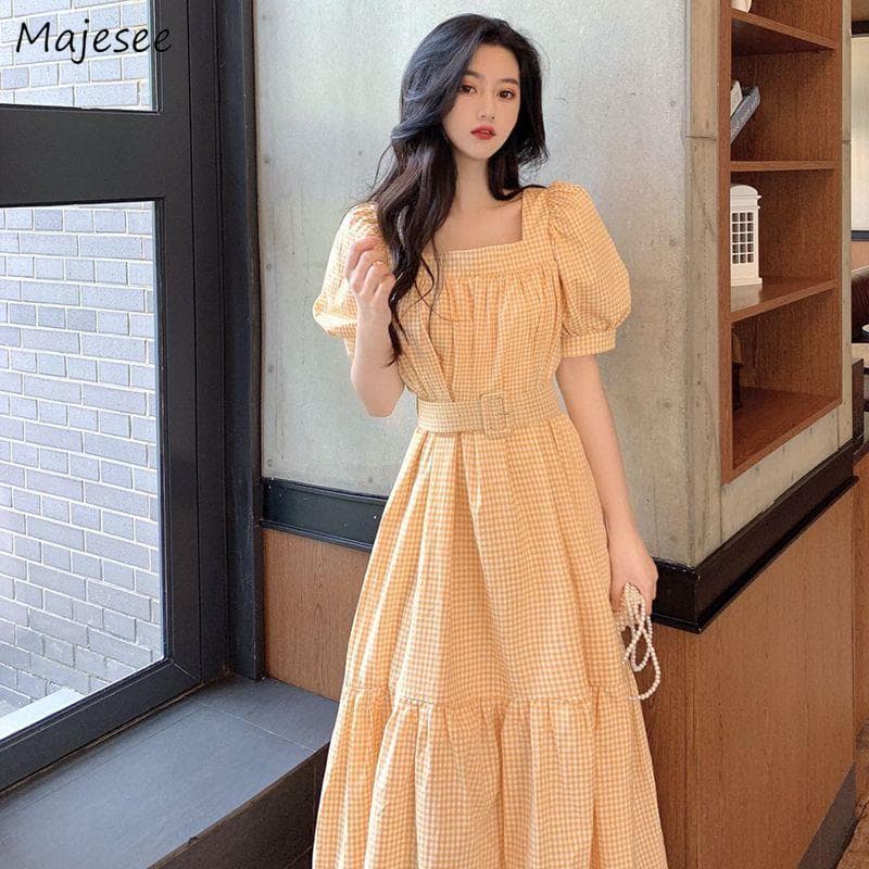 New Women Summer Popular 3XL Dress Plaid Puff Sleeve Square Collar Long Sashes Fashion Women Sundress Elegant Casual