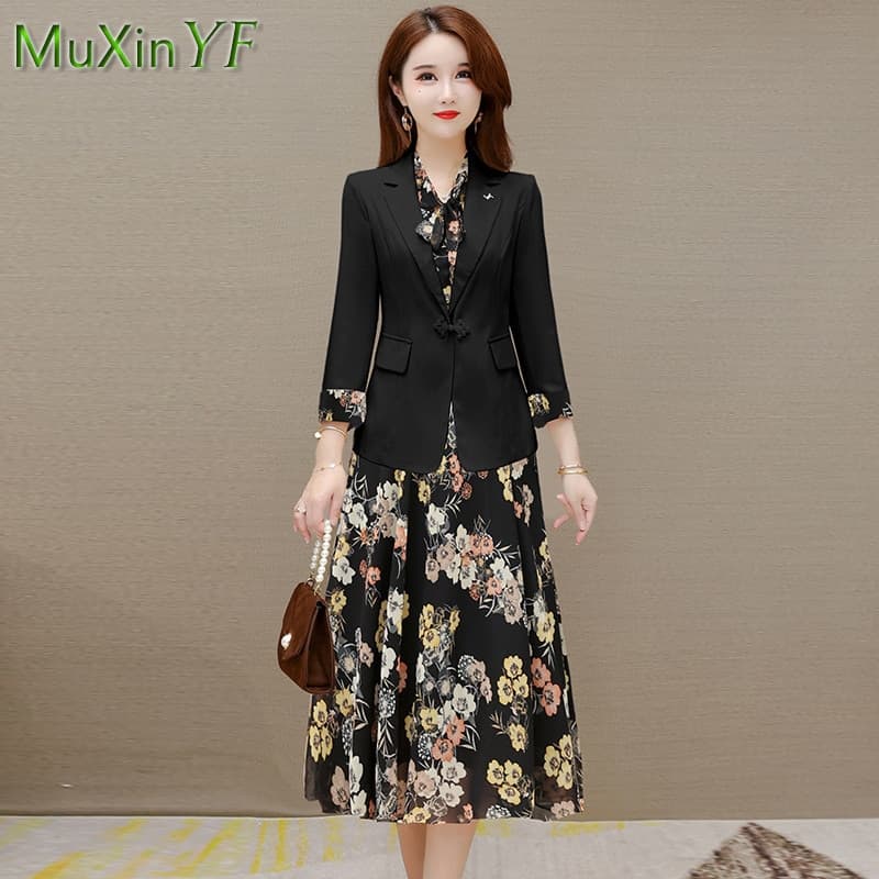 New Spring Autumn New Suit Jacket Dress Two-piece Women’s Elegant Blazers Floral Long Skirt Set Female Office Professional Wear