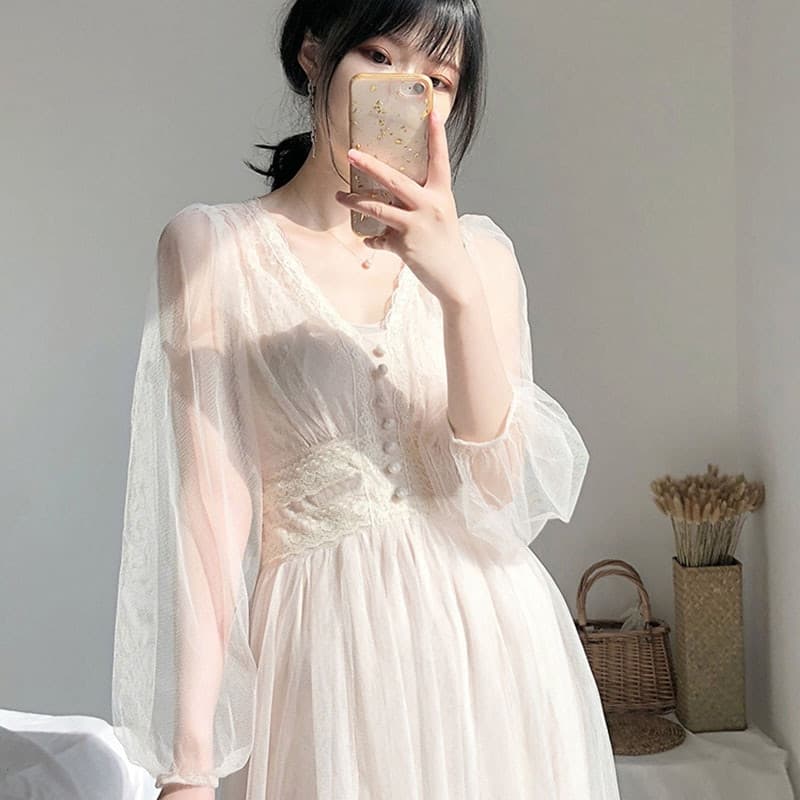New Women Spring Wedding Midi Dresses Elegant A-Line Vestidos Solid Puff Sleeve V-Neck Ladies Lace Dress Mesh 8126 50