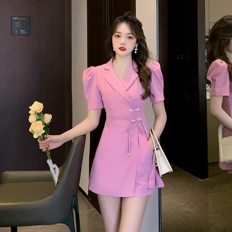 New Summer New Elegant Blazer Dress Outfits Bodycon Puff Sleeve Split Dress and Shorts Two Piece Set Suits Female Retro Outfits