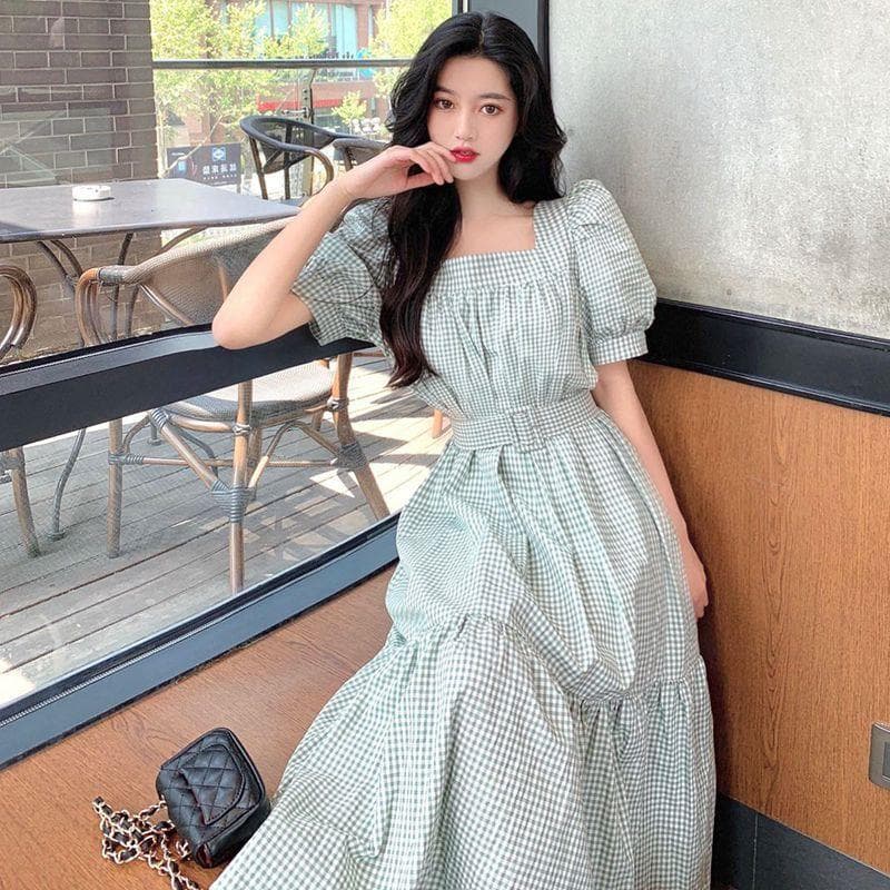 New Women Summer Popular 3XL Dress Plaid Puff Sleeve Square Collar Long Sashes Fashion Women Sundress Elegant Casual