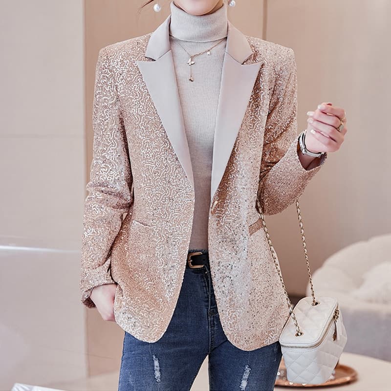 New Women Sequin Blazer Suits Fashion Elegant Single Button Jacket Basic Coat Club Fall Clothes