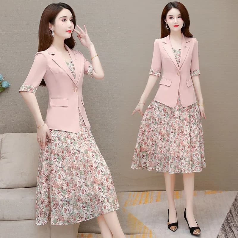 New Summer Casual Floral Dress Suits Women 2 Piece Set Korean Thin Half Sleeve Blazer Jacket Sleeveless Chiffon Tank Dress Outfits