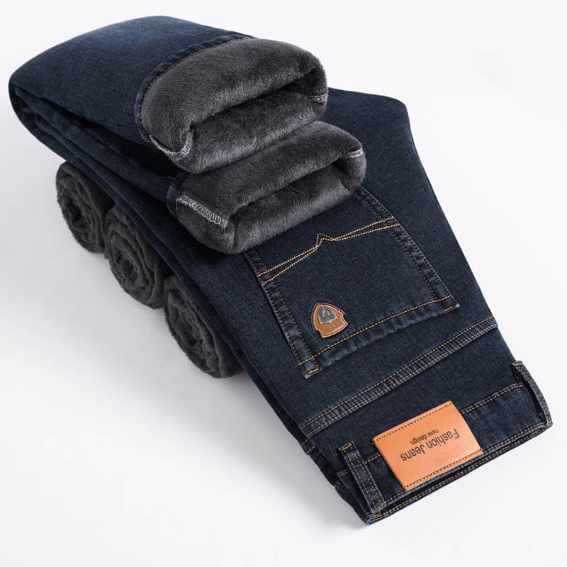 New Winter Brand Fit Straight Fleece Thick Warm Jeans Classic Badge Youth Men Business Casual High waist Denim Jeans