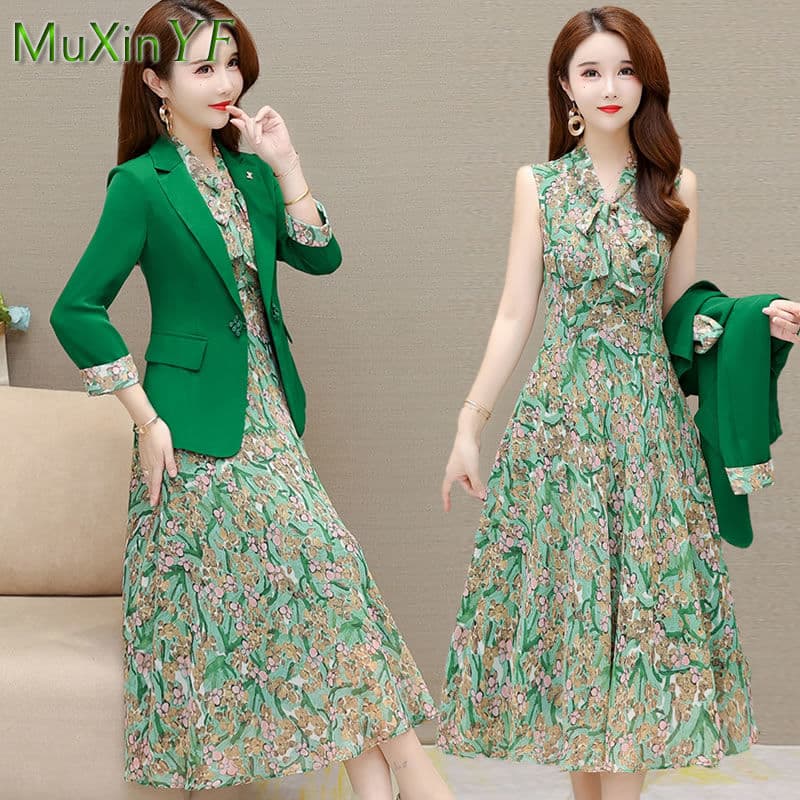 New Spring Autumn New Suit Jacket Dress Two-piece Women’s Elegant Blazers Floral Long Skirt Set Female Office Professional Wear