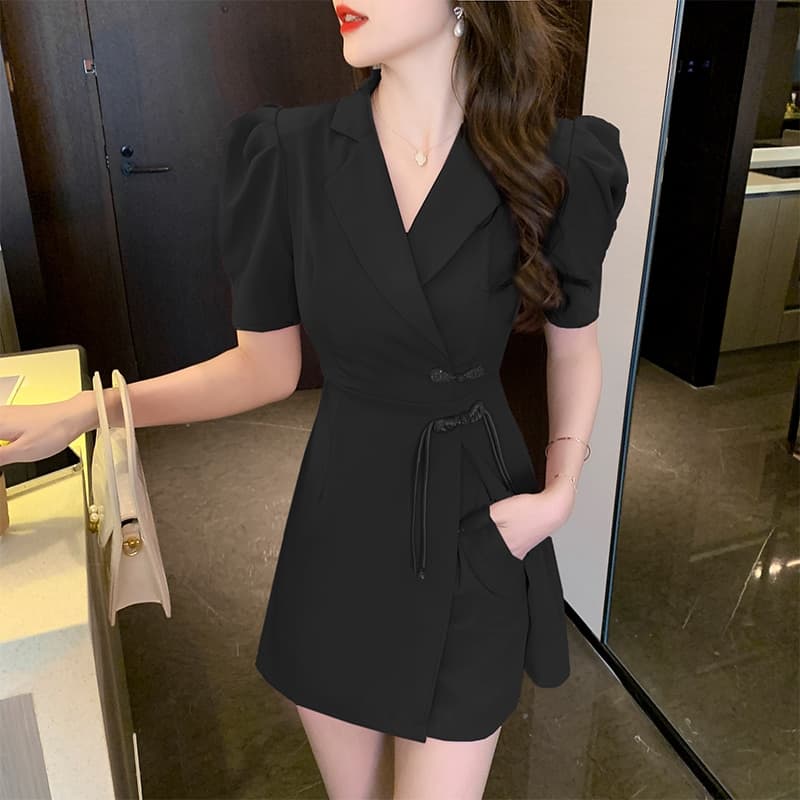 New Summer New Elegant Blazer Dress Outfits Bodycon Puff Sleeve Split Dress and Shorts Two Piece Set Suits Female Retro Outfits
