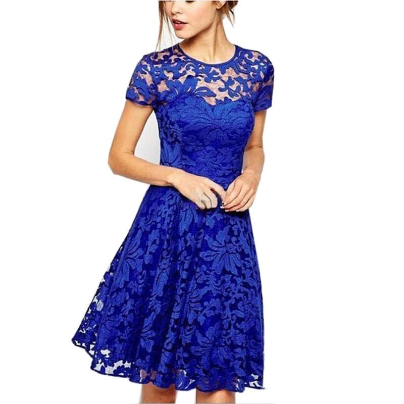 New Women Plus Size Dress Fashion Women Elegant Sweet Hallow Out Lace Dress Party Princess Slim Summer Dresses Vestidos Red Blue