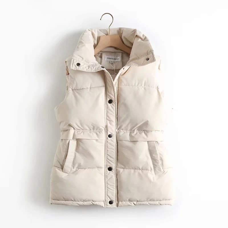 New Autumn Winter Women Solid Loose Vest Drawstring Stand Collar Long Vest Jacket  Cotton Padded Women Windproof Warm Waistcoat