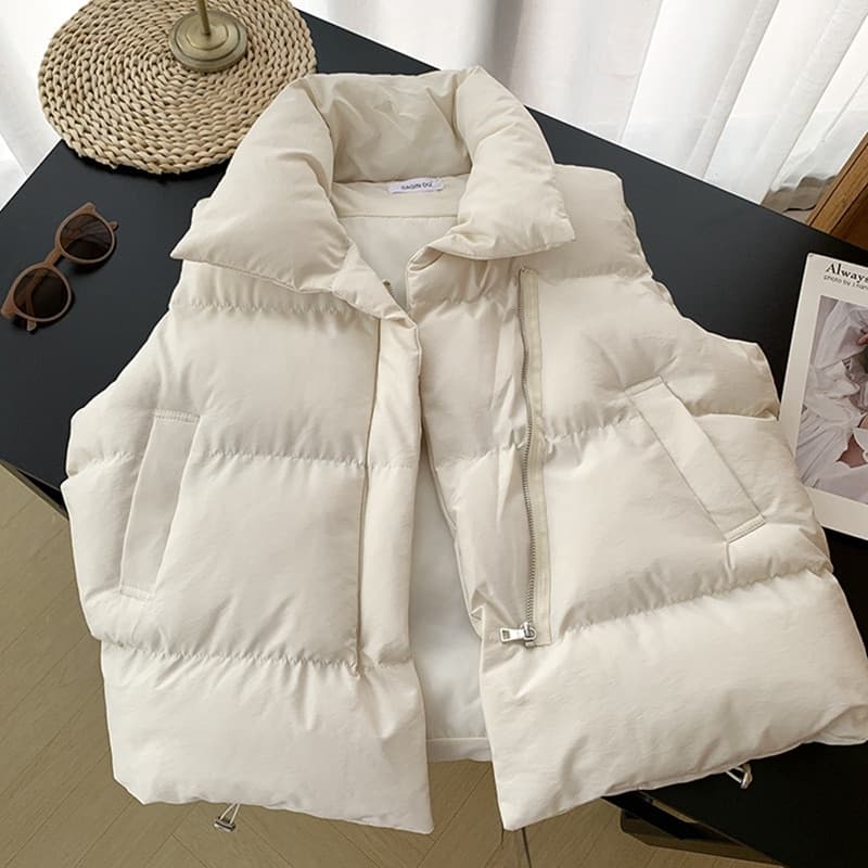 New Winter Women Vest Stand Collar Zipper Sleeveless Padded Puff Jacket Overcoat Solid Colour Loose Drawstring Waistcoat Vest Coat