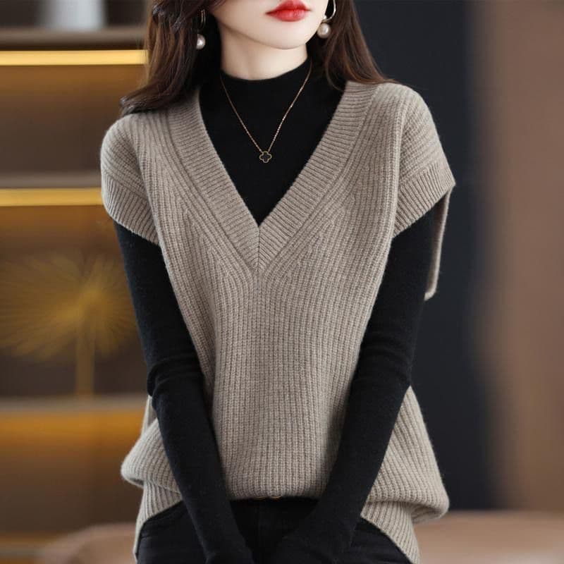 New Stylish Solid Colour V Neck Knitted Vest Sweater Women Clothing Autumn New Loose Casual Pullover Korean Tops