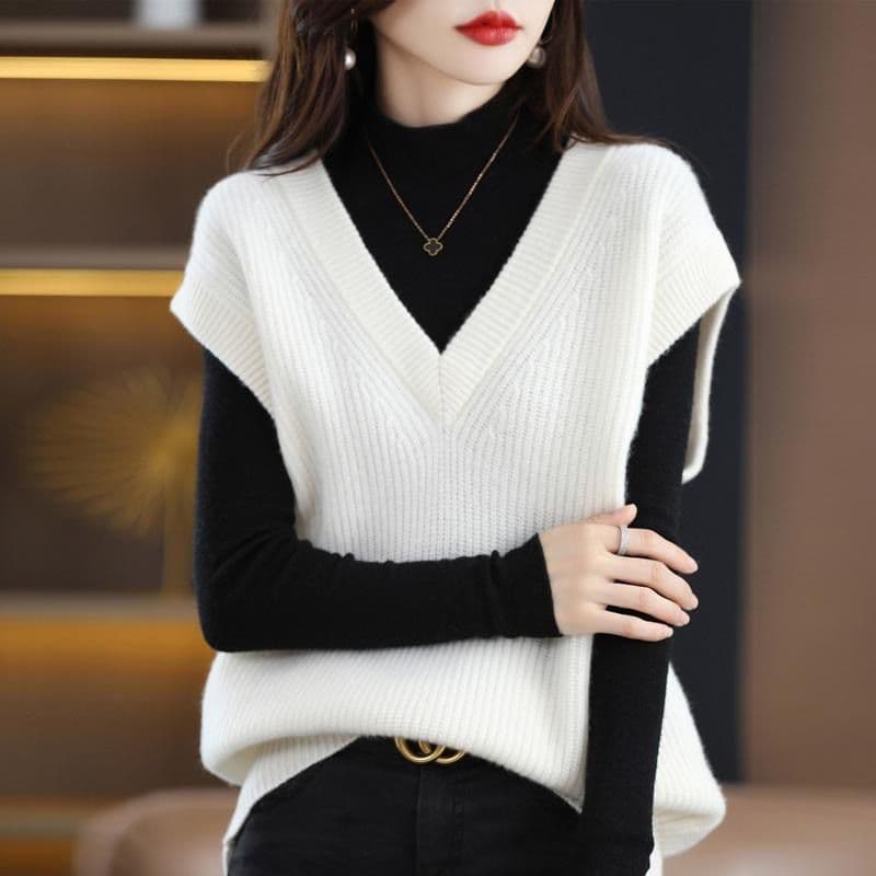 New Stylish Solid Colour V Neck Knitted Vest Sweater Women Clothing Autumn New Loose Casual Pullover Korean Tops