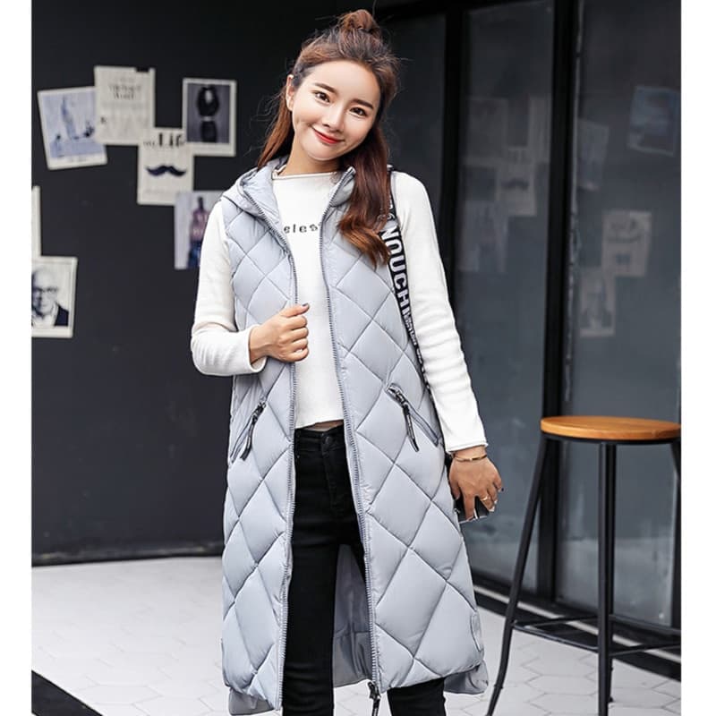 New Women Sleeveless Vest Long Down cotton Jacket Solid Korea Hooded Padded Vests Loose Females Casual Winter Coat