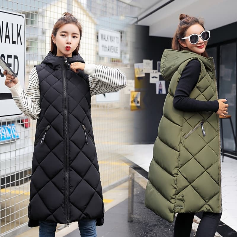 New Women Sleeveless Vest Long Down cotton Jacket Solid Korea Hooded Padded Vests Loose Females Casual Winter Coat