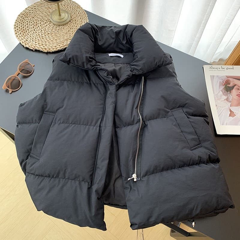 New Winter Women Vest Stand Collar Zipper Sleeveless Padded Puff Jacket Overcoat Solid Colour Loose Drawstring Waistcoat Vest Coat